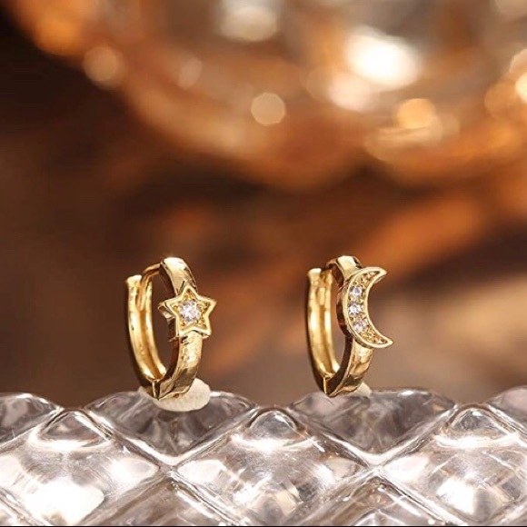 ::Delicate Pavé Hoops⚜️GOLD Celestial🌙💫Huggie Hoop Earrings - Picture 2 of 8